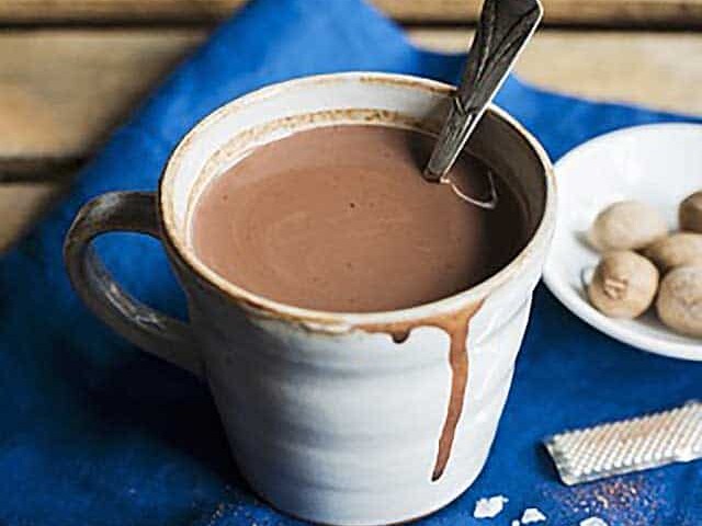 Mug of Hot Cocoa on a blue napkin