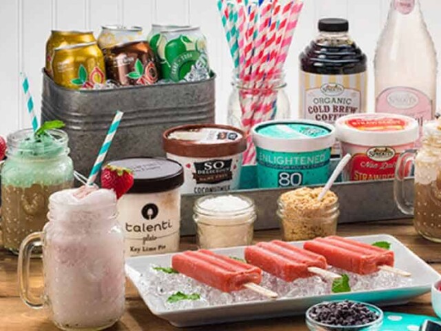 ice cream float bar with fruits, sodas and ice cream