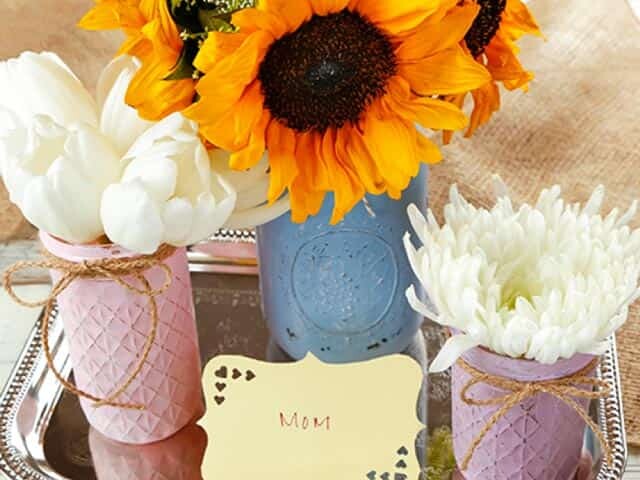 Tray of Flowers in Painted Mason Jars and card to Mom