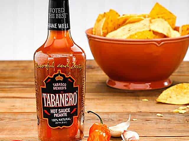 Tabanero hot sauce and bowl of chips