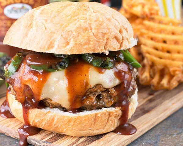 Burger with sauce and fries