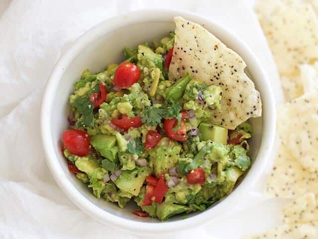 Bowl of Chunky Guacamole and chips