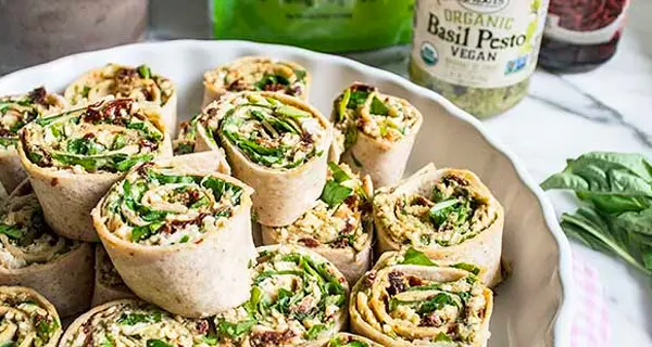 Pesto pinwheels on a serving dish