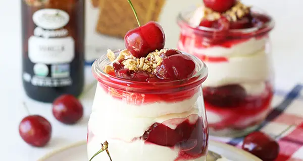 Cherry cheesecake mousse in a jar