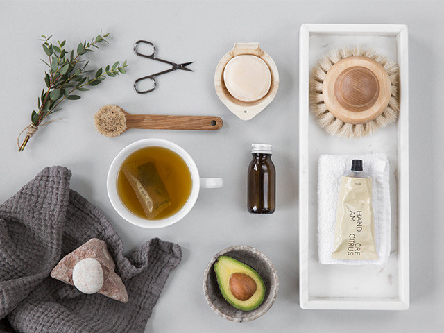 Bath essentials with cup of tea