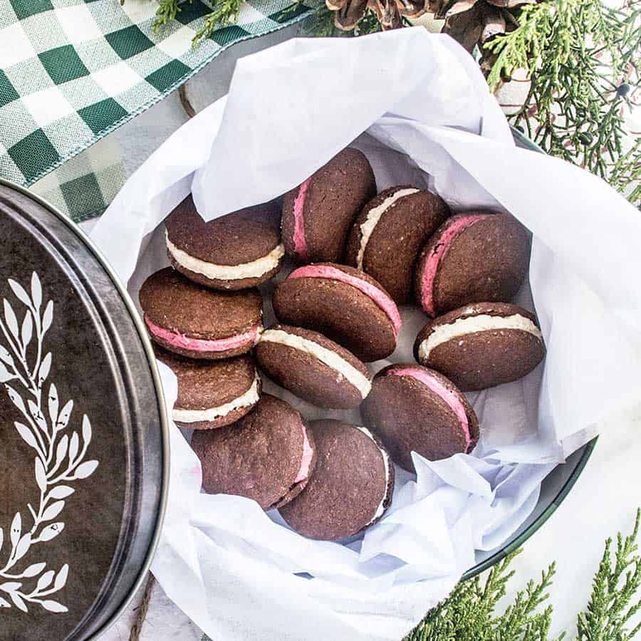 Peppermint Sandwich Cookies in Holiday tin