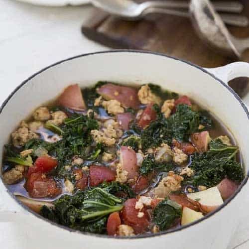 Whole30 Approved Sausage and Kale Soup in Dish