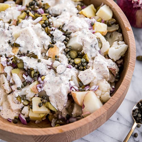 Cauliflower Potato Salad in Wood Bowl