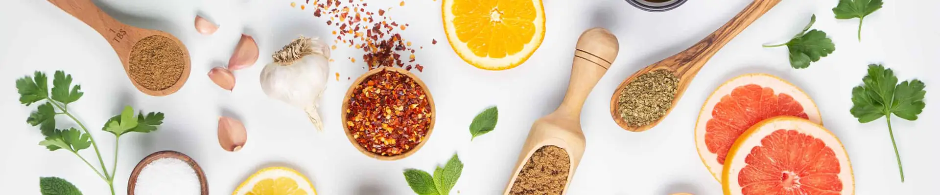 Spices and fruits on a tabletop