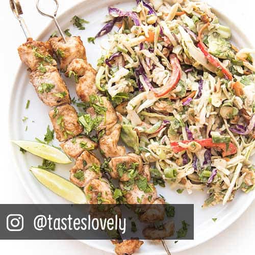 Whole30 Keto Thai Chicken Satay Skewers & Coleslaw