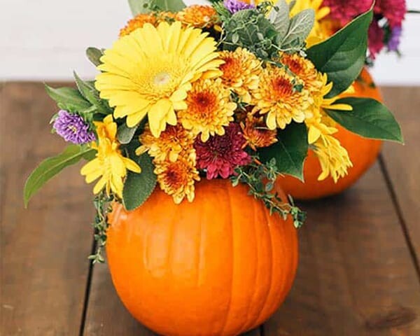 Pumpkin filled with fresh flowers