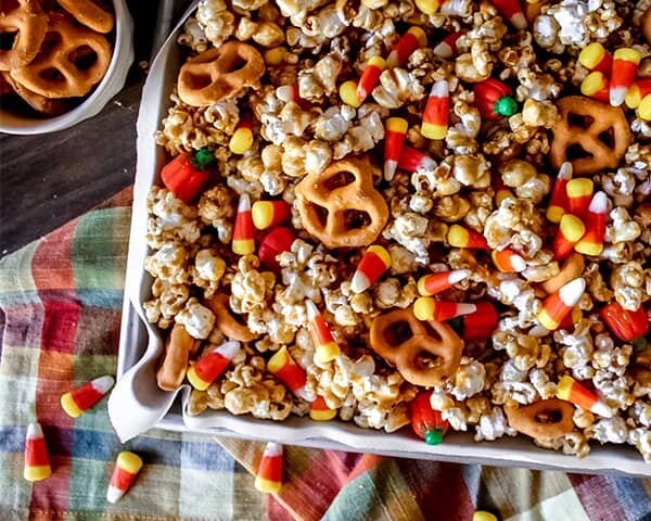 Popcorn mixed with seasonal candy corn and salted caramel