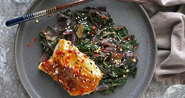 Glazed cod on a plate