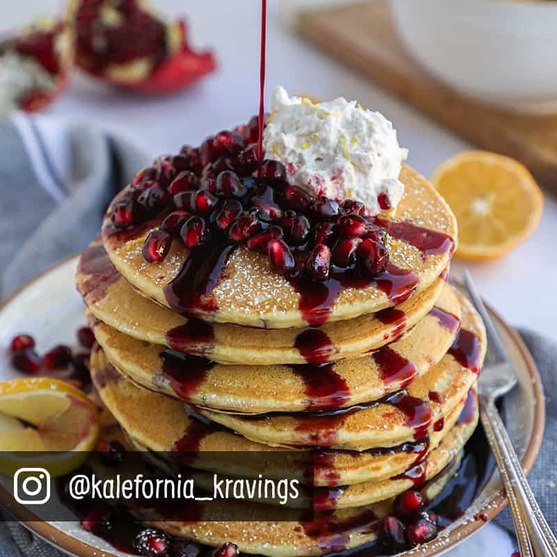 lemon ricotta pancake stack with pomegranates