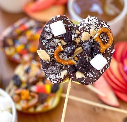 chocolate dipped apple slice with candy