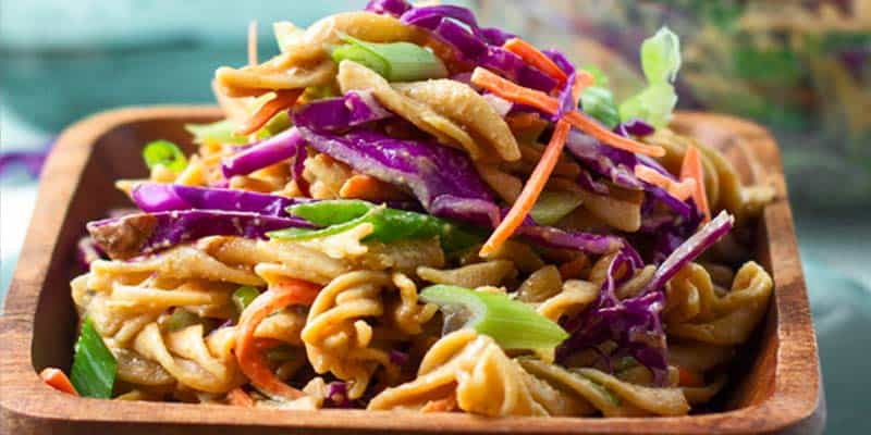 Thai peanut pasta salad in a bowl