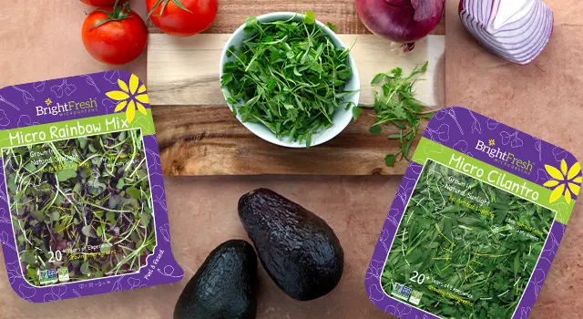 Brightfresh Cilantro next to cutting board surrounded by vegetables