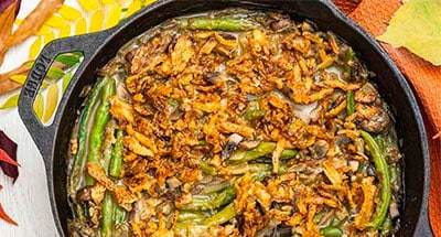 green bean casserole in a skillet