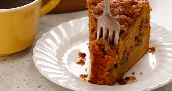 Squash coffee cake on a white plate