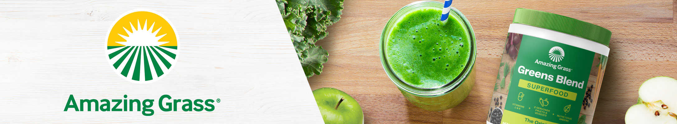 amazing grass logo next to image of a green smoothie surrounded by produce