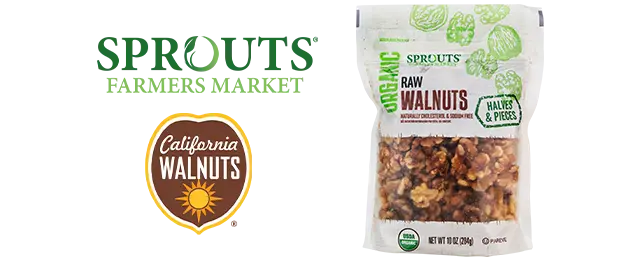 Sprouts Farmers Market logo and California Walnuts logo next to product