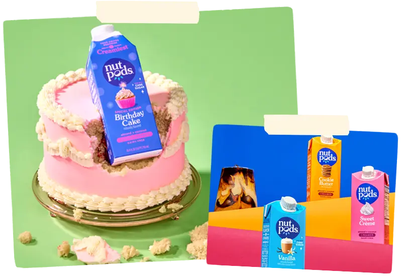 nutpods birthday cake coffee creamer inside a pink birthday cake