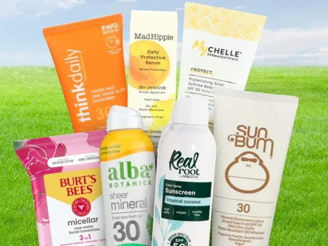 skincare products in front of a sunny field background