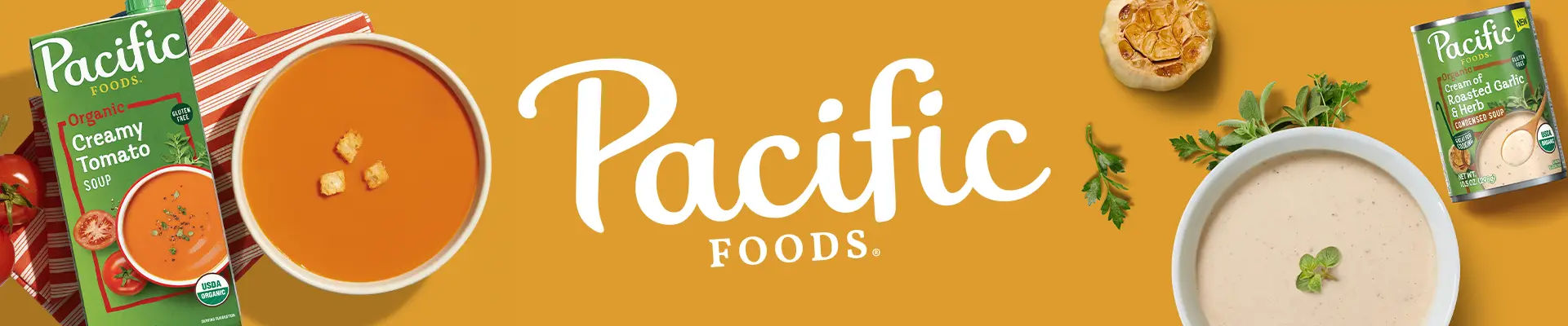 Pacific Foods logo surrounded by bowls of soup