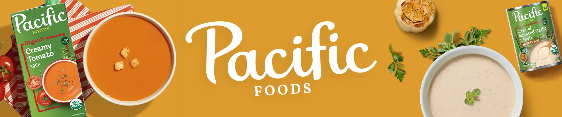 Pacific Foods logo surrounded by bowls of soup