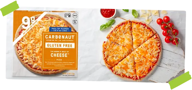 Carbonaut package next to cheese pizza