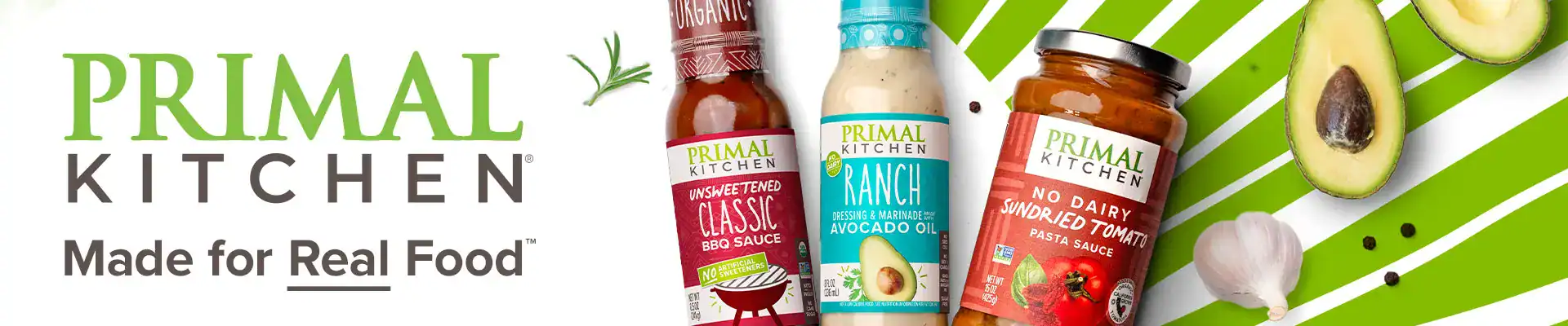 Primal Kitchen logo with Made for Real Food underneath, next to product variety.