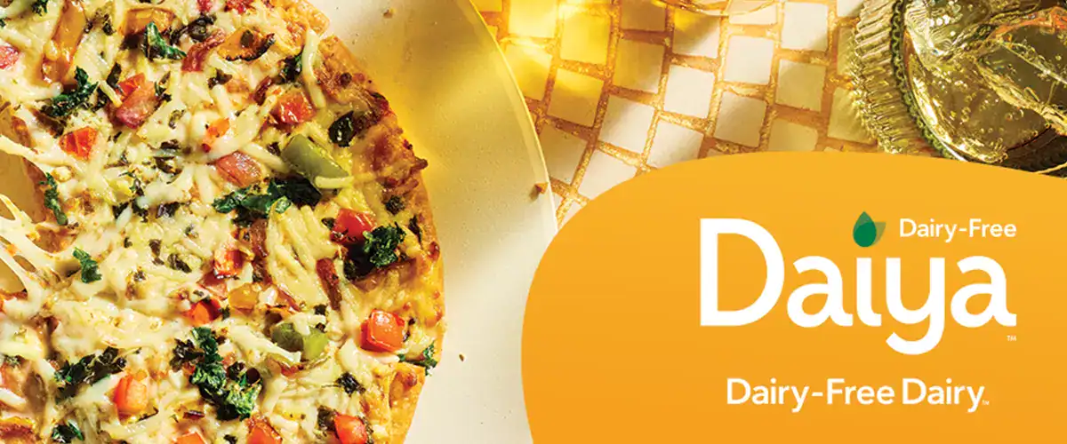 Daiya Dairy Free logo next to pizza