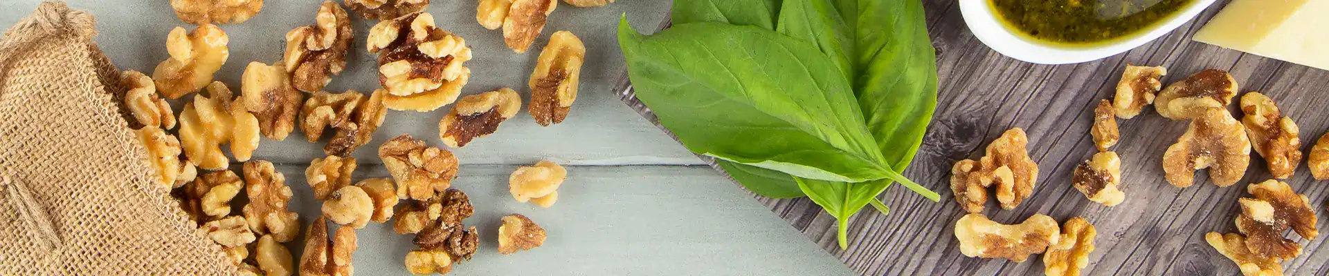Walnuts spilled onto a tabletop