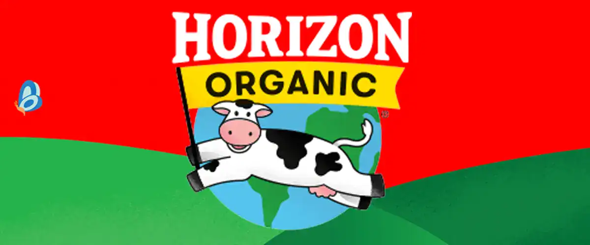 Horizon Organic logo surrounded by illustrations of a field.
