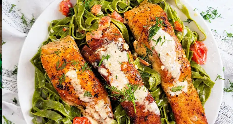 Salmon Spinach Fettuccini with Creamy Feta and Garlic Sauce